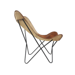 Homeroots 37" Brown Tan And Black Canvas & Leather Butterfly Chair - Stylish, Comfortable, And Durable Accent Piece   548249