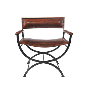 Homeroots 29" Brown And Black Leather Director's Chair - Stylish Rustic Metal Frame For Comfort & Durability   548250