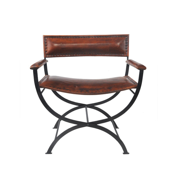 Homeroots 29" Brown And Black Leather Director's Chair - Stylish Rustic Metal Frame For Comfort & Durability   548250