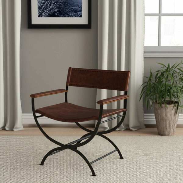 HomeRoots 29" Rustic Brown and Black Metal Director's Chair - Handcrafted Leather Accent for Home & Office 548250