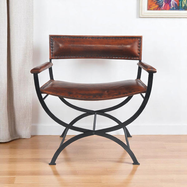 Homeroots 29" Brown And Black Leather Director's Chair - Stylish Rustic Metal Frame For Comfort & Durability   548250