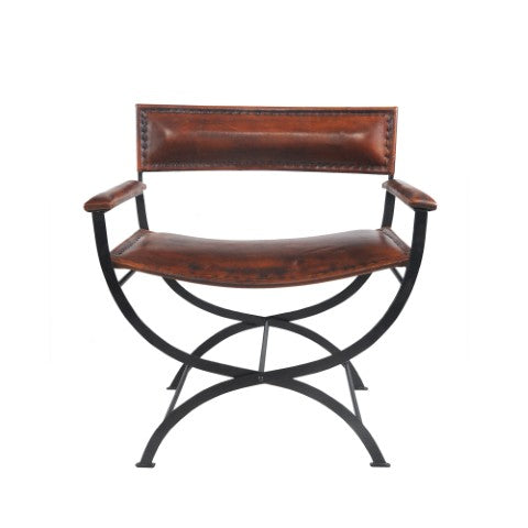 Homeroots 29" Brown And Black Leather Director's Chair - Stylish Rustic Metal Frame For Comfort & Durability   548250