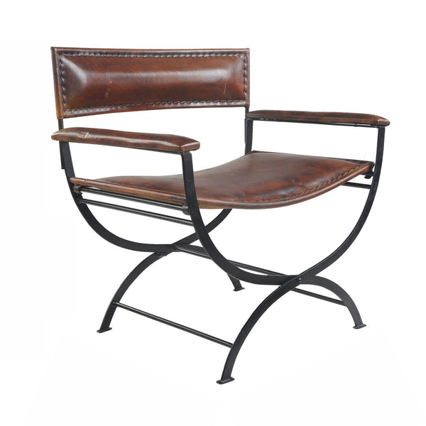 Homeroots 29" Brown And Black Leather Director's Chair - Stylish Rustic Metal Frame For Comfort & Durability   548250