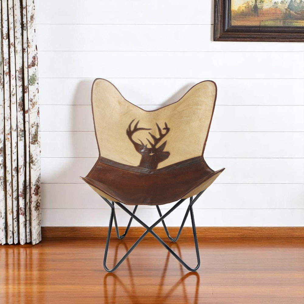 Homeroots 30" Brown And Tan Canvas Leather Deer Stag Butterfly Chair – Stylish, Durable, And Comfortable Seating   548251