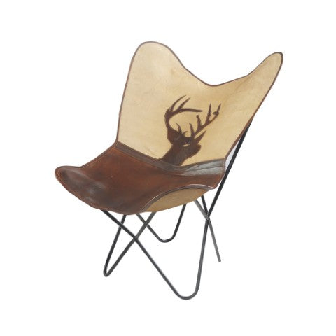 Homeroots 30" Brown And Tan Canvas Leather Deer Stag Butterfly Chair – Stylish, Durable, And Comfortable Seating   548251