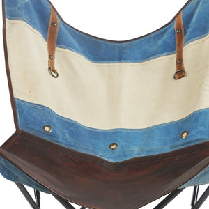 Homeroots 30" Blue And Brown Striped Butterfly Chair - Stylish Canvas & Leather Accent For Modern Decor   548252