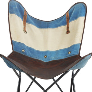 Homeroots 30" Blue And Brown Striped Butterfly Chair - Stylish Canvas & Leather Accent For Modern Decor   548252