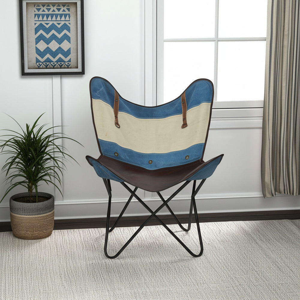 Homeroots 30" Blue And Brown Striped Butterfly Chair - Stylish Canvas & Leather Accent For Modern Decor   548252