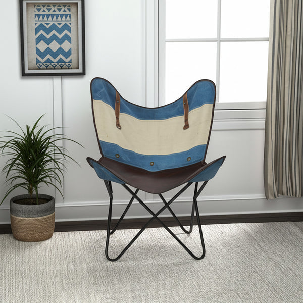Homeroots 30" Blue And Brown Striped Butterfly Chair - Stylish Canvas & Leather Accent For Modern Decor   548252