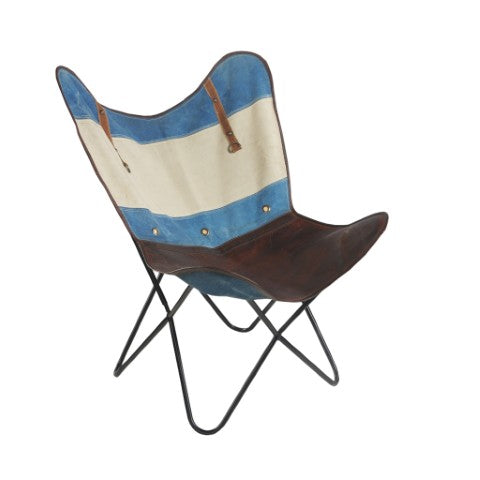 Homeroots 30" Blue And Brown Striped Butterfly Chair - Stylish Canvas & Leather Accent For Modern Decor   548252
