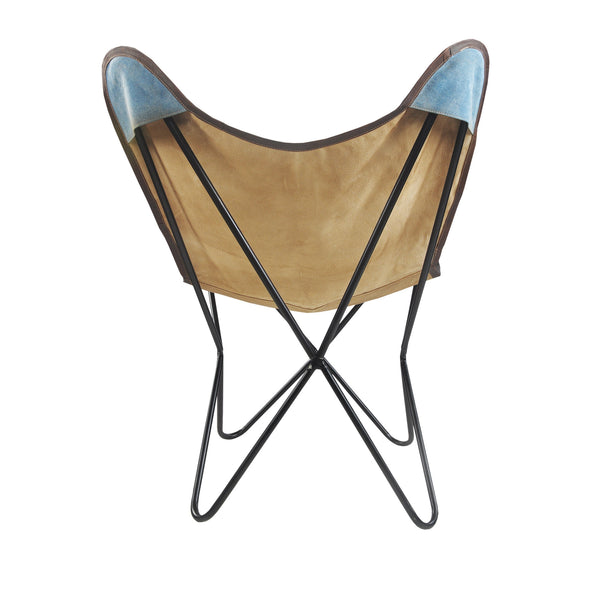 Homeroots 30" Blue And Brown Striped Butterfly Chair - Stylish Canvas & Leather Accent For Modern Decor   548252