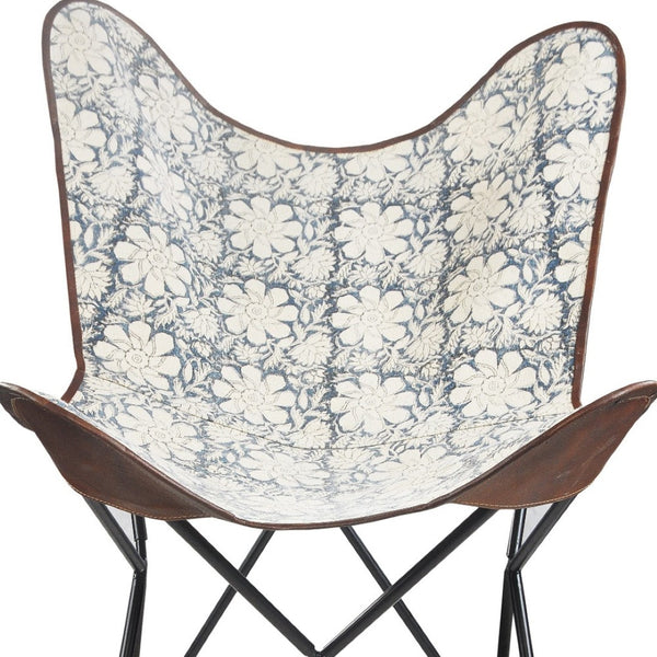 Homeroots 30" Blue Floral Butterfly Chair - Stylish Canvas Design With Soft Cushioning For Home Décor Comfort   548253