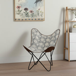 Homeroots 30" Blue Floral Butterfly Chair - Stylish Canvas Design With Soft Cushioning For Home Décor Comfort   548253