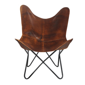 Homeroots 30" Brown And Black Genuine Leather Butterfly Chair - Stylish & Comfortable Accent For Any Room   548254