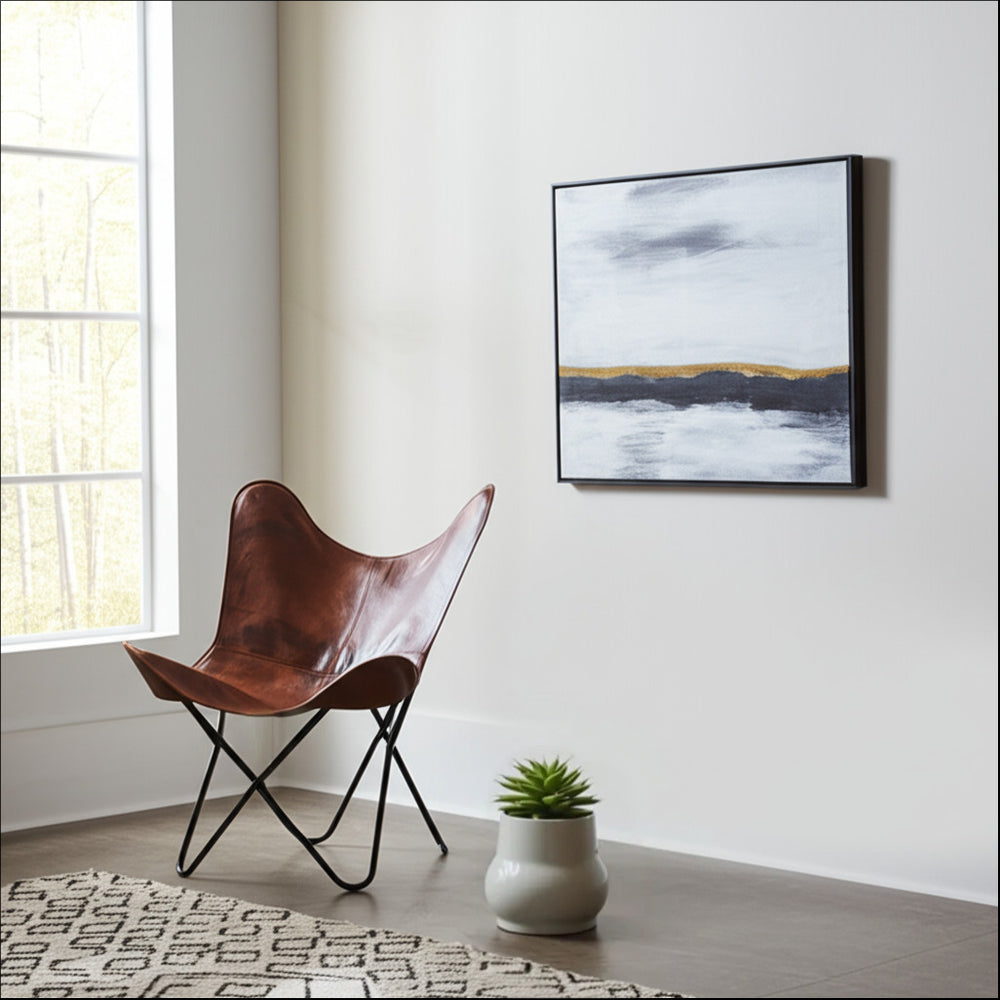 Homeroots 30" Brown And Black Genuine Leather Butterfly Chair - Stylish & Comfortable Accent For Any Room   548254