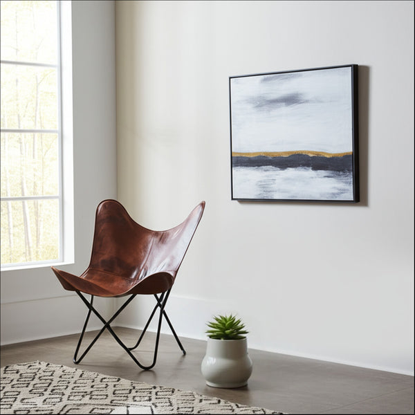 Homeroots 30" Brown And Black Genuine Leather Butterfly Chair - Stylish & Comfortable Accent For Any Room   548254