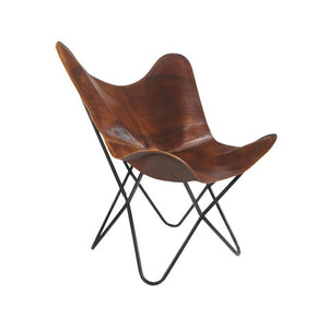 Homeroots 30" Brown And Black Genuine Leather Butterfly Chair - Stylish & Comfortable Accent For Any Room   548254
