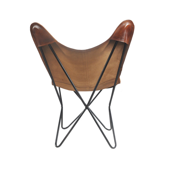 Homeroots 30" Brown And Black Genuine Leather Butterfly Chair - Stylish & Comfortable Accent For Any Room   548254