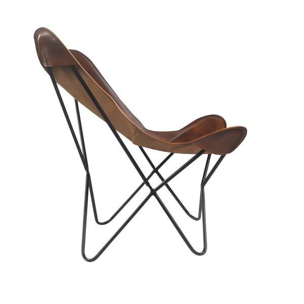 Homeroots 30" Brown And Black Genuine Leather Butterfly Chair - Stylish & Comfortable Accent For Any Room   548254