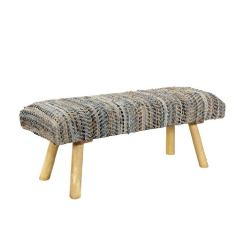 Homeroots 47" Stylish Beige Blue & Brown Striped Cotton Blend Upholstered Bench For Entryway & Hallway Use   548255