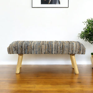 Homeroots 47" Stylish Beige Blue & Brown Striped Cotton Blend Upholstered Bench For Entryway & Hallway Use   548255