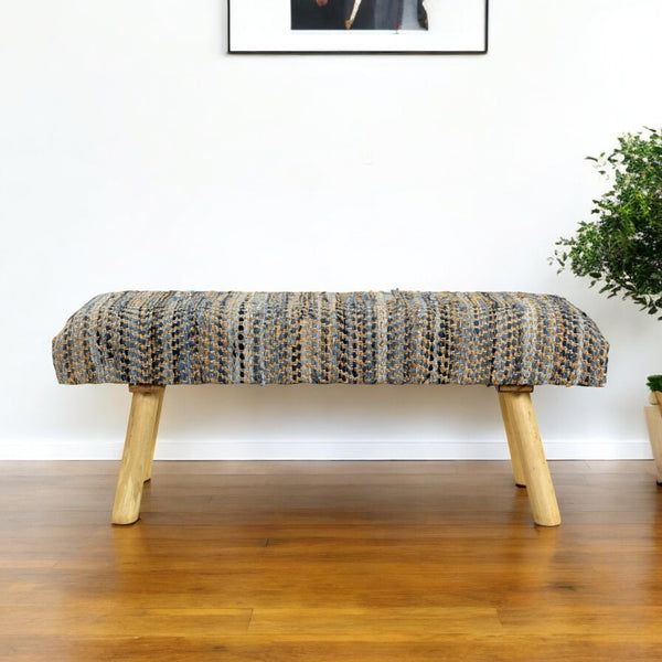 Homeroots 47" Stylish Beige Blue & Brown Striped Cotton Blend Upholstered Bench For Entryway & Hallway Use   548255