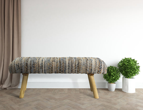 Homeroots 47" Stylish Beige Blue & Brown Striped Cotton Blend Upholstered Bench For Entryway & Hallway Use   548255