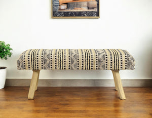 Homeroots 47" Stylish Black Cream Geometric Stripe Cotton Blend Upholstered Bench For Entryway Or Hallway   548256