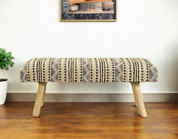 Homeroots 47" Stylish Black Cream Geometric Stripe Cotton Blend Upholstered Bench For Entryway Or Hallway   548256