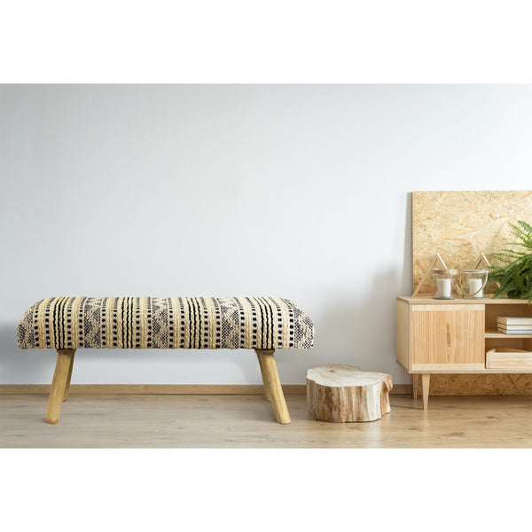 Homeroots 47" Stylish Black Cream Geometric Stripe Cotton Blend Upholstered Bench For Entryway Or Hallway   548256