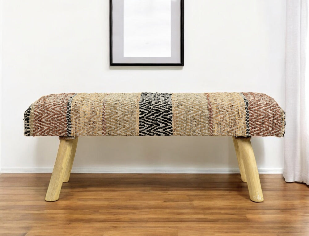 Homeroots 47" Brown And Natural Cotton And Wool Upholstered Striped Bench  Wood 548257