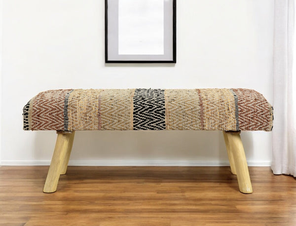 Homeroots 47" Brown And Natural Cotton And Wool Upholstered Striped Bench  Wood 548257