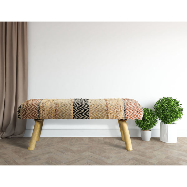 Homeroots 47" Brown And Natural Cotton And Wool Upholstered Striped Bench  Wood 548257