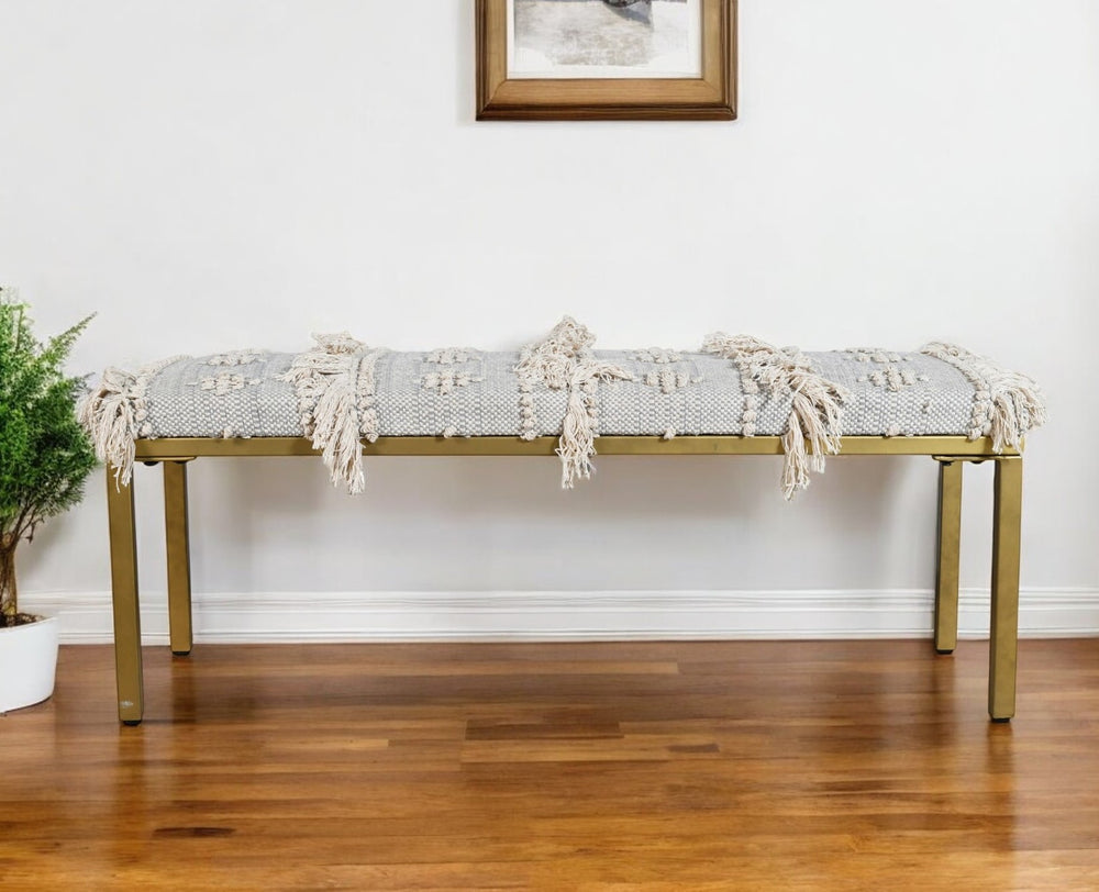 Homeroots 47" Stylish Gray Ivory Gold Geometric Cotton Upholstered Bench With Metal Frame For Versatile Use   548259