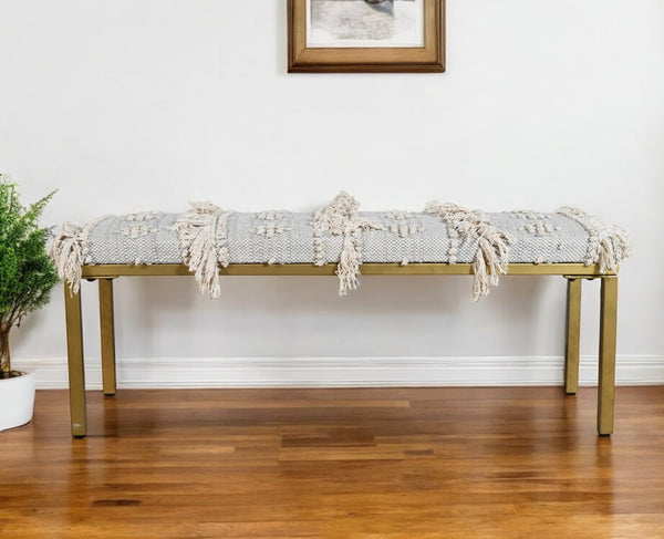 Homeroots 47" Stylish Gray Ivory Gold Geometric Cotton Upholstered Bench With Metal Frame For Versatile Use   548259