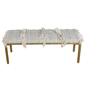 Homeroots 47" Stylish Gray Ivory Gold Geometric Cotton Upholstered Bench With Metal Frame For Versatile Use   548259