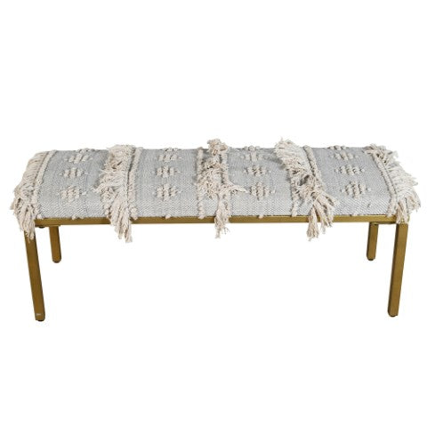 Homeroots 47" Stylish Gray Ivory Gold Geometric Cotton Upholstered Bench With Metal Frame For Versatile Use   548259