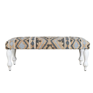 HomeRoots 47" Rustic Beige Blue White Geometric Cotton Blend Bench for Versatile Seating & Décor Style 548260
