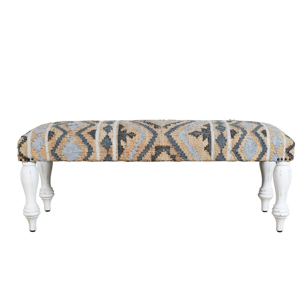 HomeRoots 47" Rustic Beige Blue White Geometric Cotton Blend Bench for Versatile Seating & Décor Style 548260