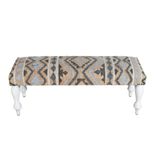 Homeroots 47" Stylish Beige Blue Geometric Cotton Blend Upholstered Bench For Entryway, Living Room & More   548260