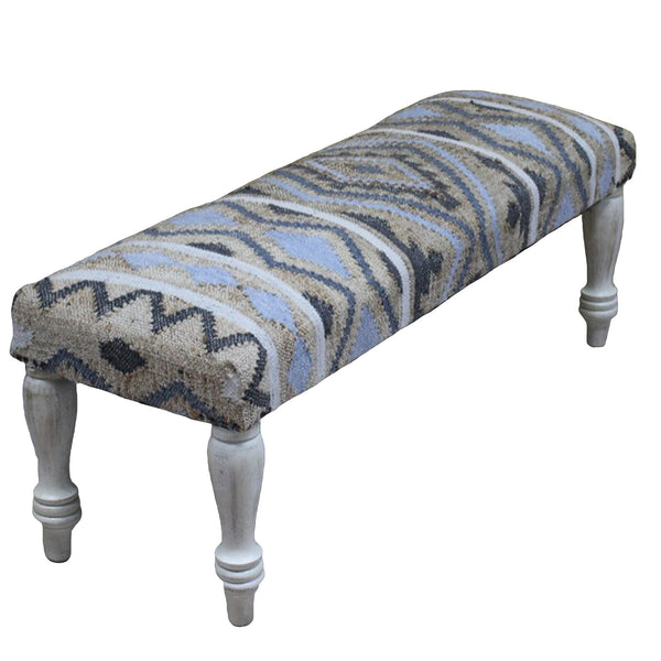 Homeroots 47" Stylish Beige Blue Geometric Cotton Blend Upholstered Bench For Entryway, Living Room & More   548260