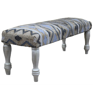 Homeroots 47" Stylish Beige Blue Geometric Cotton Blend Upholstered Bench For Entryway, Living Room & More   548260