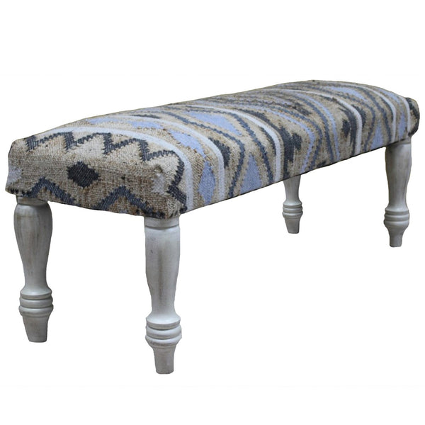 Homeroots 47" Stylish Beige Blue Geometric Cotton Blend Upholstered Bench For Entryway, Living Room & More   548260