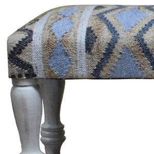 Homeroots 47" Stylish Beige Blue Geometric Cotton Blend Upholstered Bench For Entryway, Living Room & More   548260