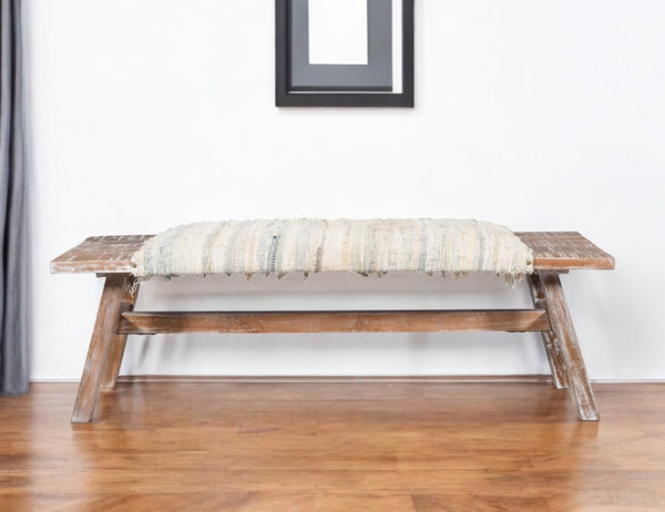 Homeroots 50" White And Brown Cotton Upholstered Striped Bench  Wood 548263