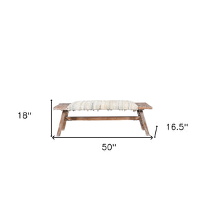 Homeroots 50" White And Brown Cotton Upholstered Striped Bench  Wood 548263
