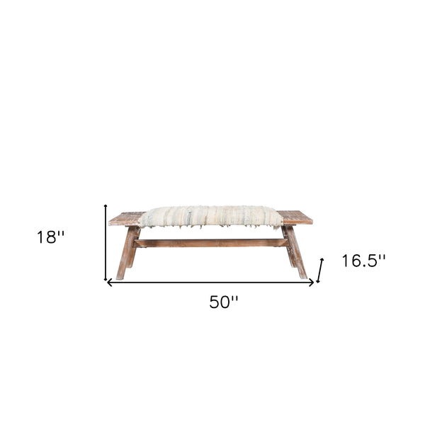Homeroots 50" White And Brown Cotton Upholstered Striped Bench  Wood 548263