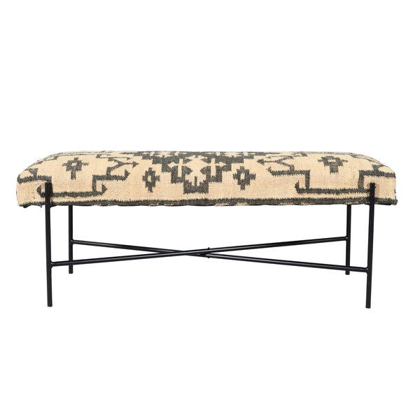 Homeroots 48" Cream And Black Cotton Blend Upholstered Southwest Bench  Metal 548264