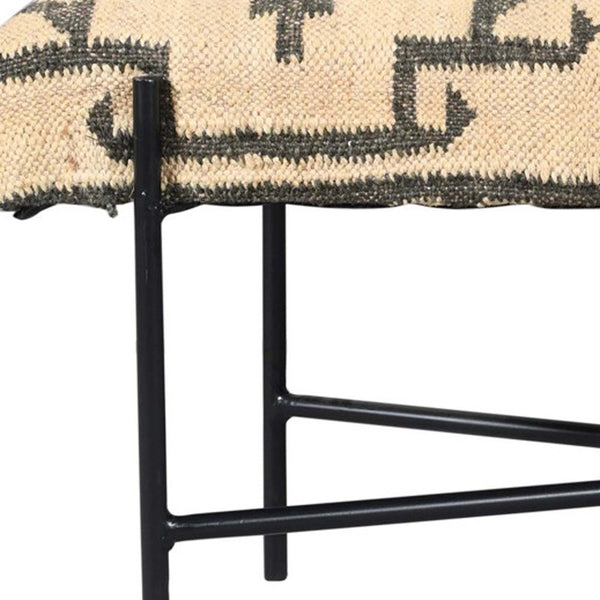 Homeroots 48" Cream And Black Cotton Blend Upholstered Southwest Bench  Metal 548264