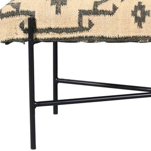 Homeroots 48" Cream And Black Cotton Blend Upholstered Southwest Bench  Metal 548264